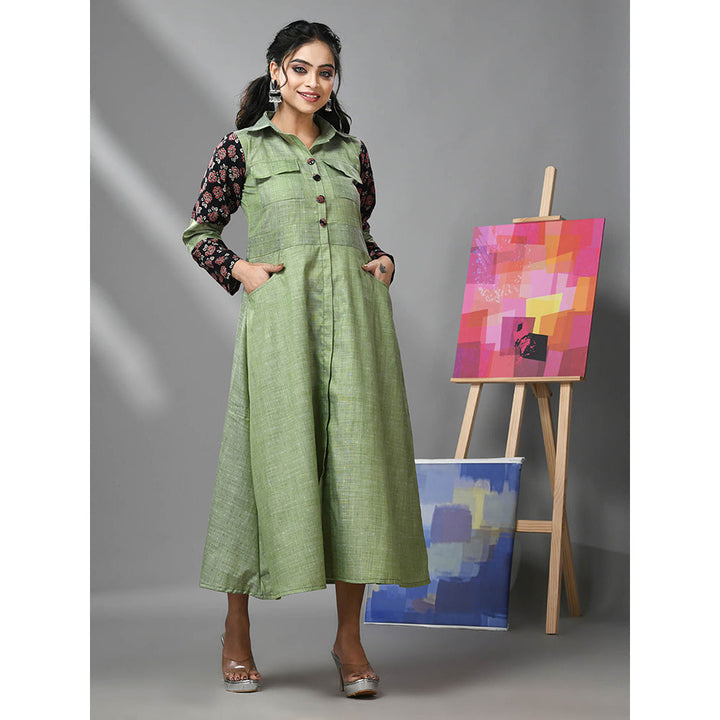 CHARUKRITI Pistachio Green Cotton Printed Sleeves Dress