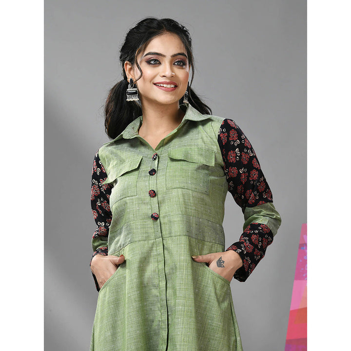 CHARUKRITI Pistachio Green Cotton Printed Sleeves Dress