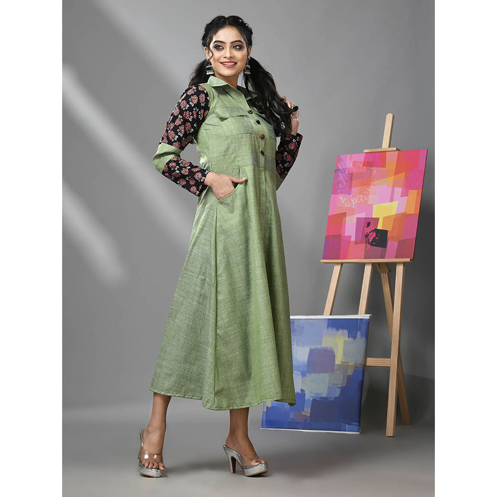 CHARUKRITI Pistachio Green Cotton Printed Sleeves Dress