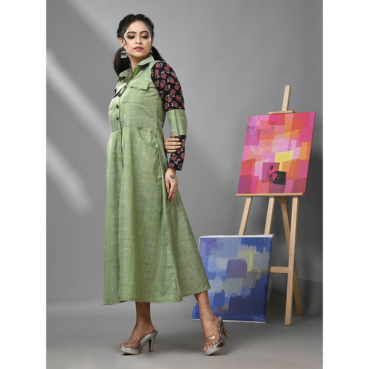 CHARUKRITI Pistachio Green Cotton Printed Sleeves Dress