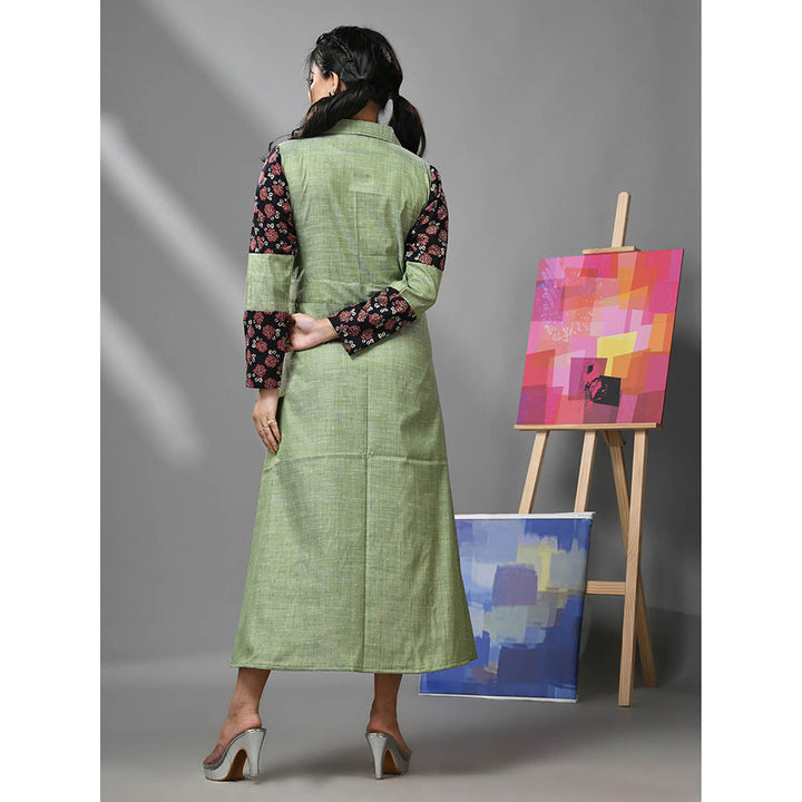 CHARUKRITI Pistachio Green Cotton Printed Sleeves Dress