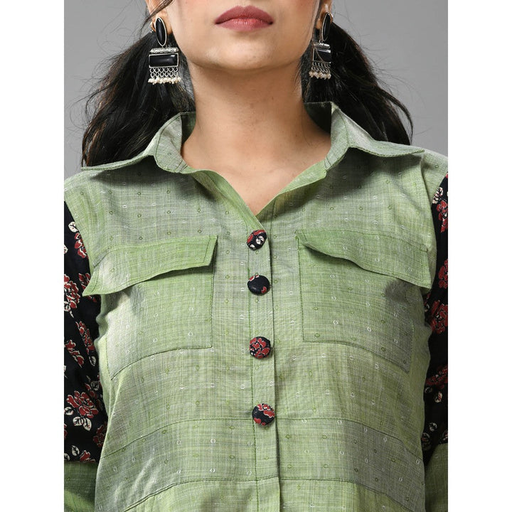 CHARUKRITI Pistachio Green Cotton Printed Sleeves Dress