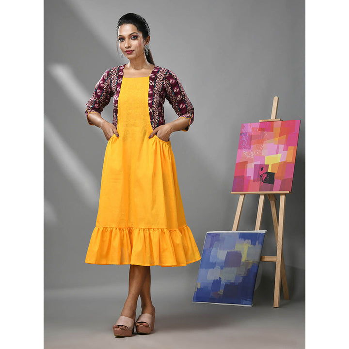 CHARUKRITI Yellow Cotton Ruffled Dress with Printed Attached Jacket