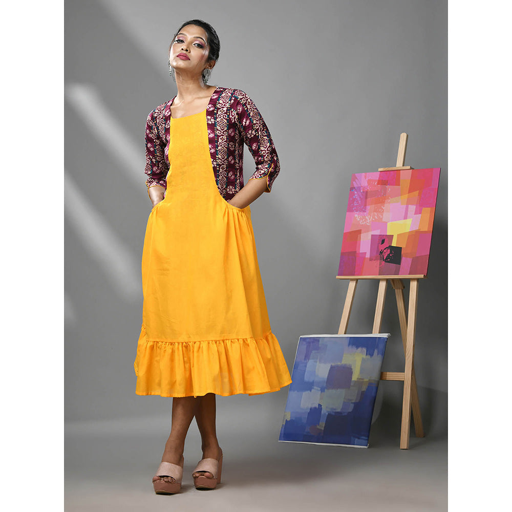 CHARUKRITI Yellow Cotton Ruffled Dress with Printed Attached Jacket