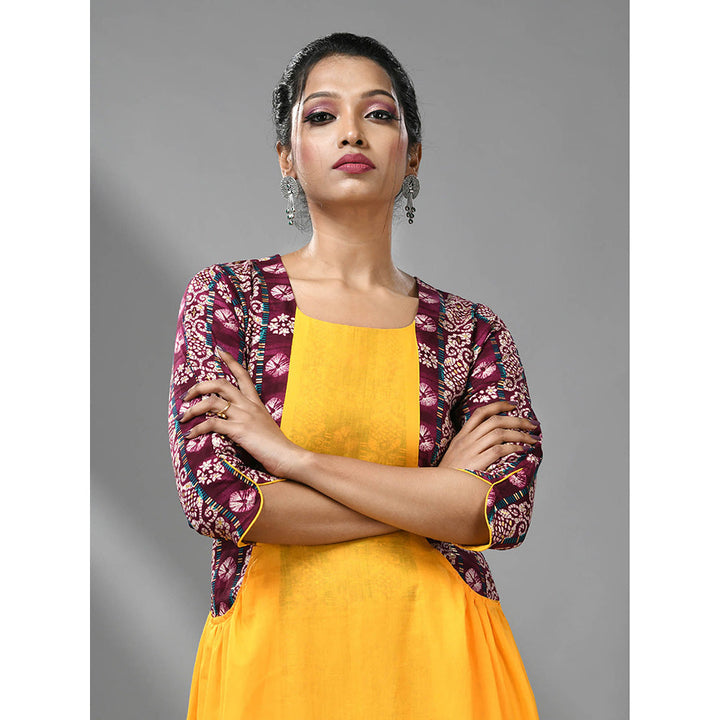 CHARUKRITI Yellow Cotton Ruffled Dress with Printed Attached Jacket