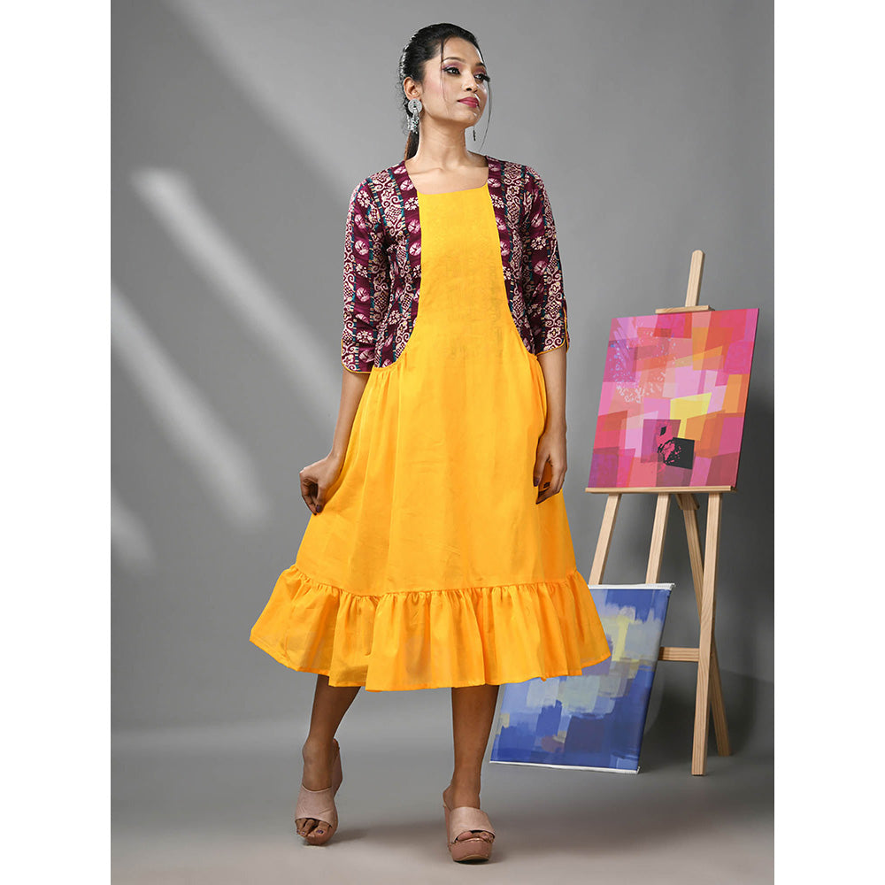 CHARUKRITI Yellow Cotton Ruffled Dress with Printed Attached Jacket