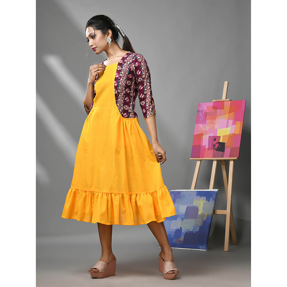 CHARUKRITI Yellow Cotton Ruffled Dress with Printed Attached Jacket