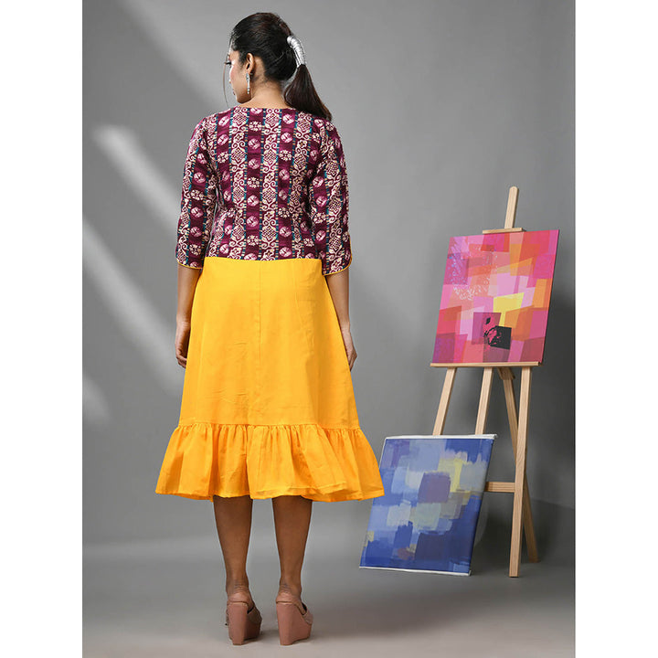 CHARUKRITI Yellow Cotton Ruffled Dress with Printed Attached Jacket