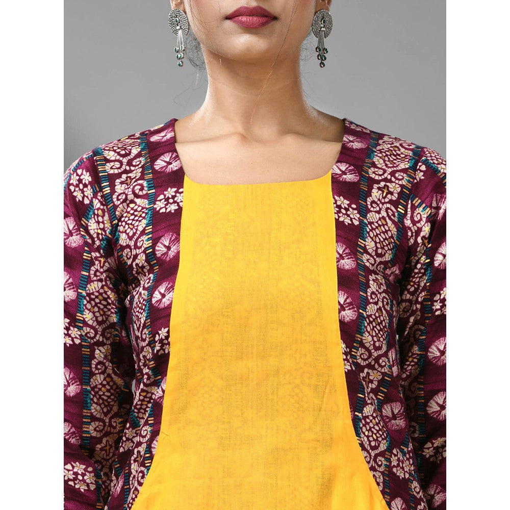 CHARUKRITI Yellow Cotton Ruffled Dress with Printed Attached Jacket