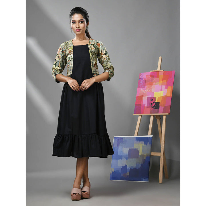 CHARUKRITI Black Cotton Ruffled Dress with Printed Attached Jacket