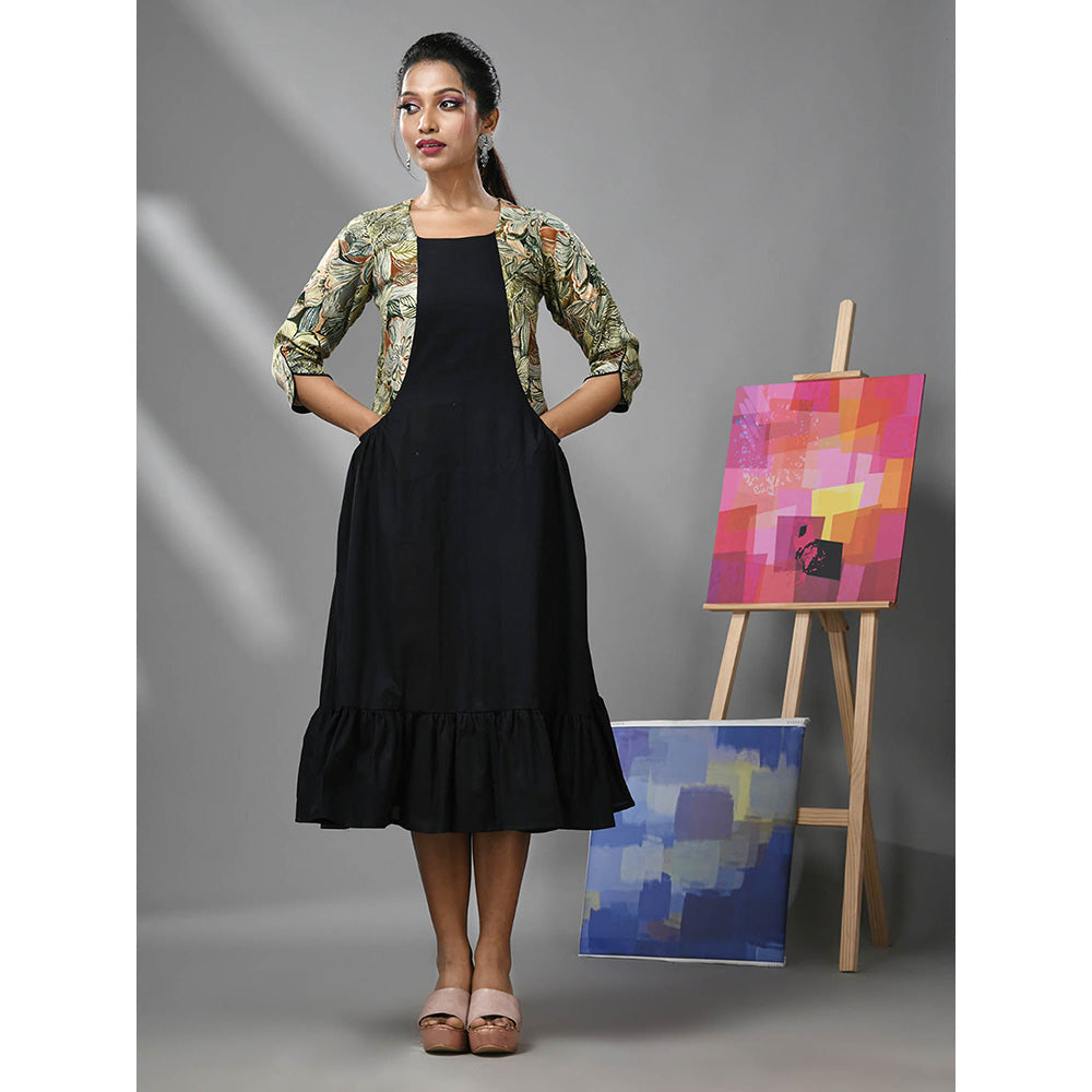 CHARUKRITI Black Cotton Ruffled Dress with Printed Attached Jacket