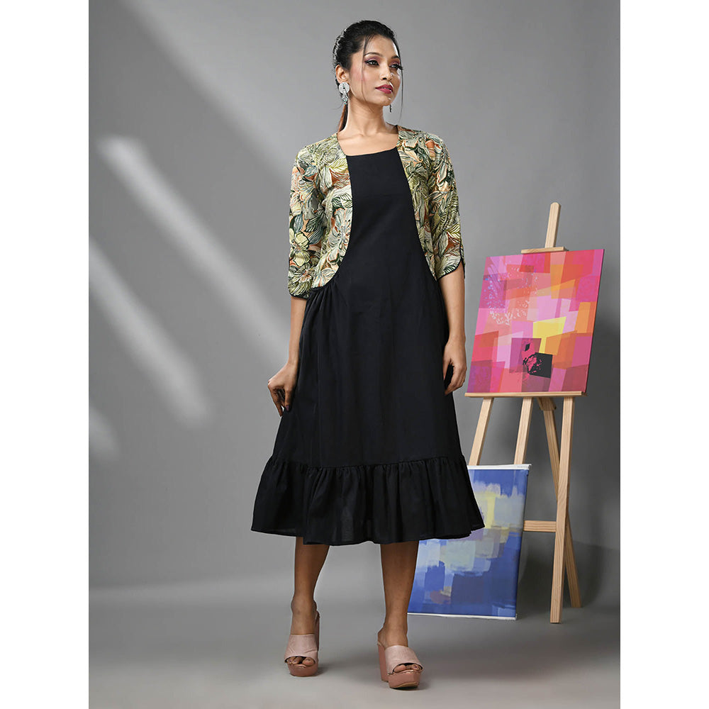 CHARUKRITI Black Cotton Ruffled Dress with Printed Attached Jacket