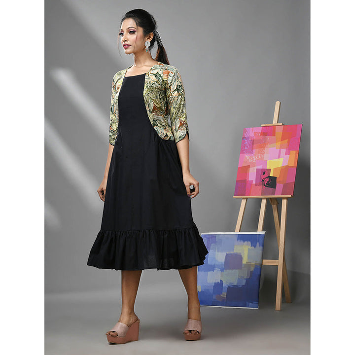 CHARUKRITI Black Cotton Ruffled Dress with Printed Attached Jacket