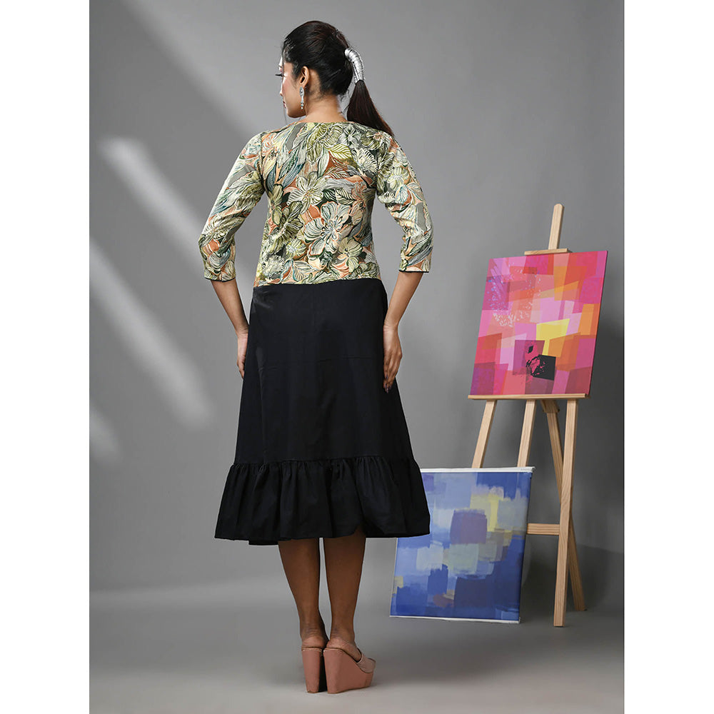 CHARUKRITI Black Cotton Ruffled Dress with Printed Attached Jacket