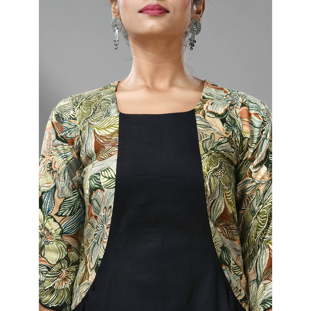 CHARUKRITI Black Cotton Ruffled Dress with Printed Attached Jacket