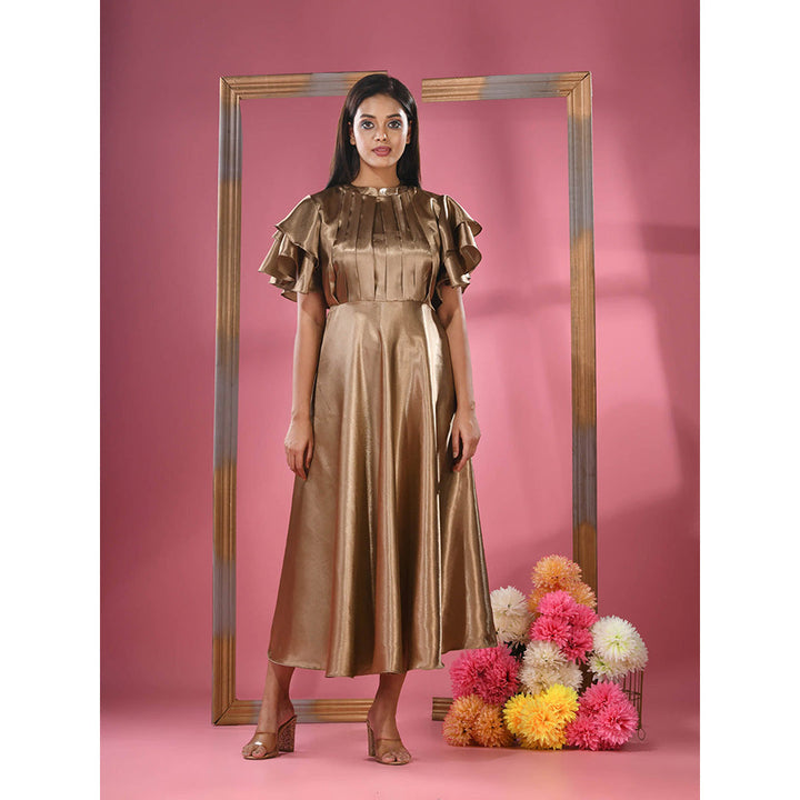 CHARUKRITI Dark Beige Satin Midi Dress with Ruffle Sleeves