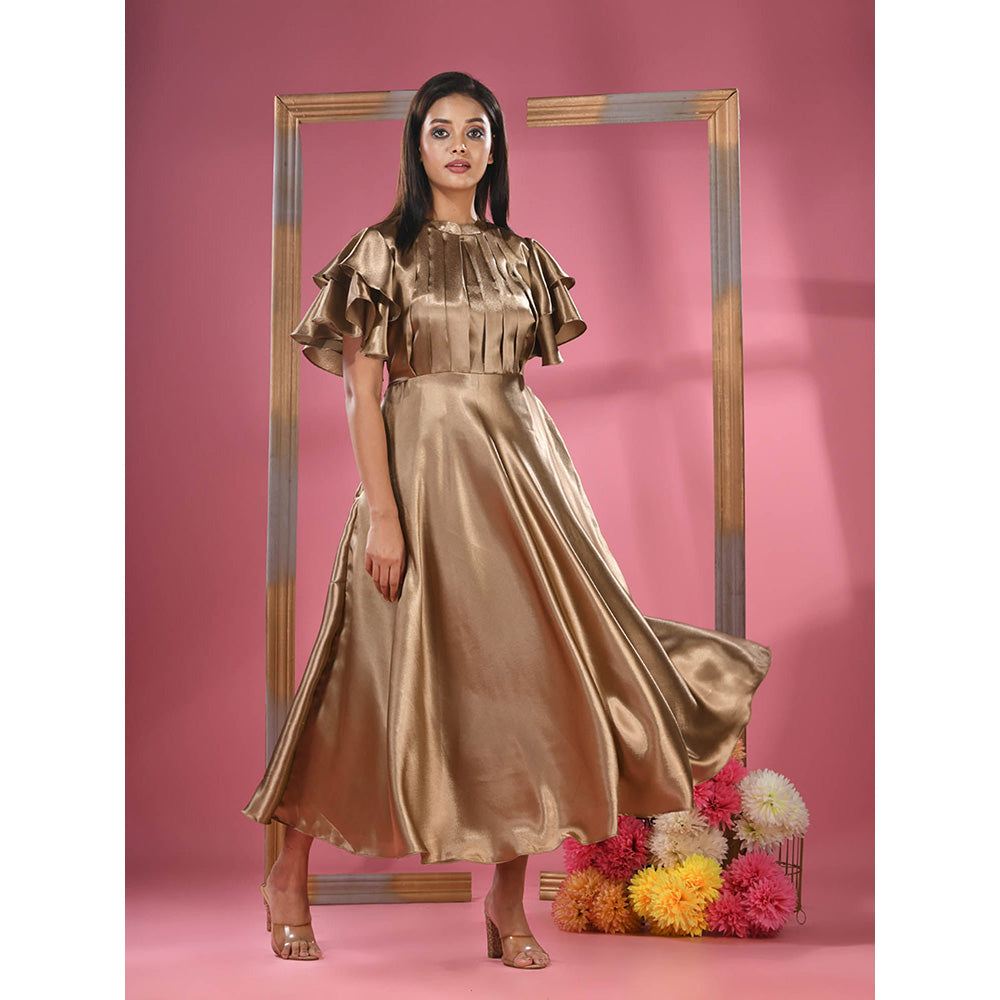 CHARUKRITI Dark Beige Satin Midi Dress with Ruffle Sleeves