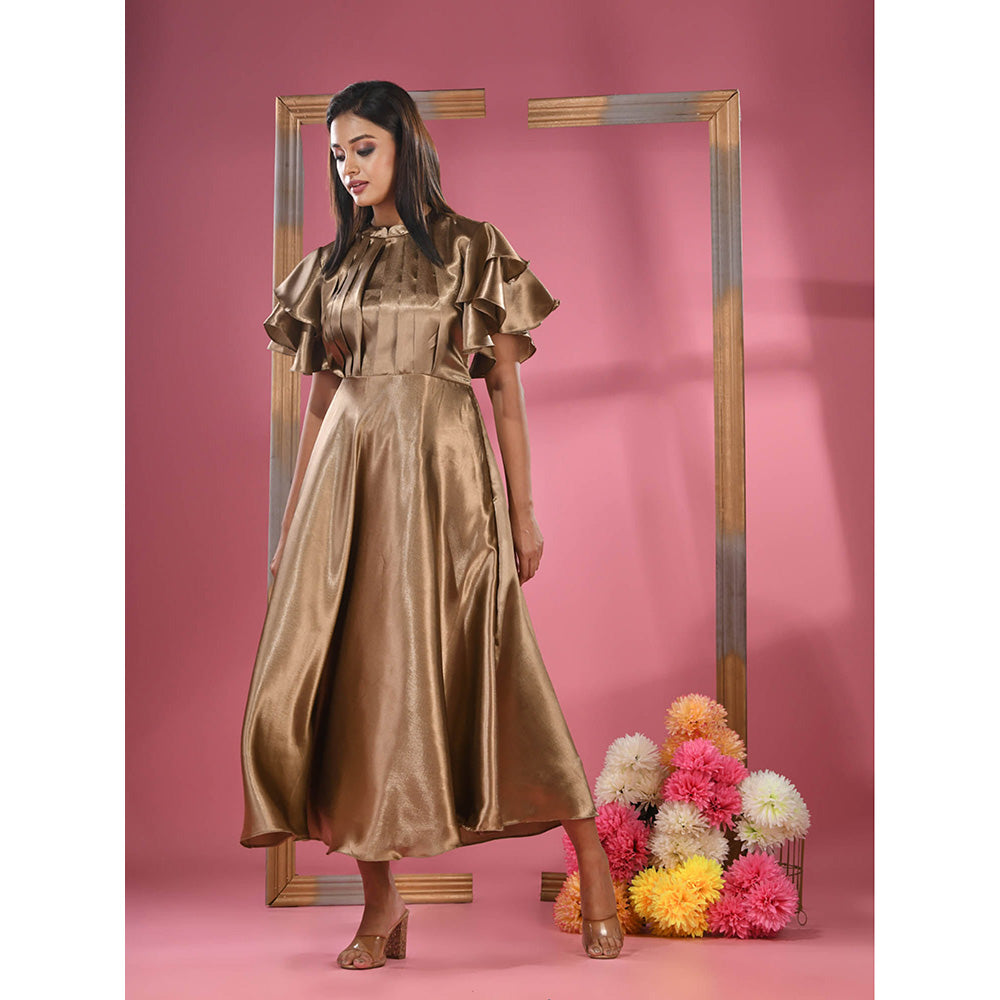 CHARUKRITI Dark Beige Satin Midi Dress with Ruffle Sleeves