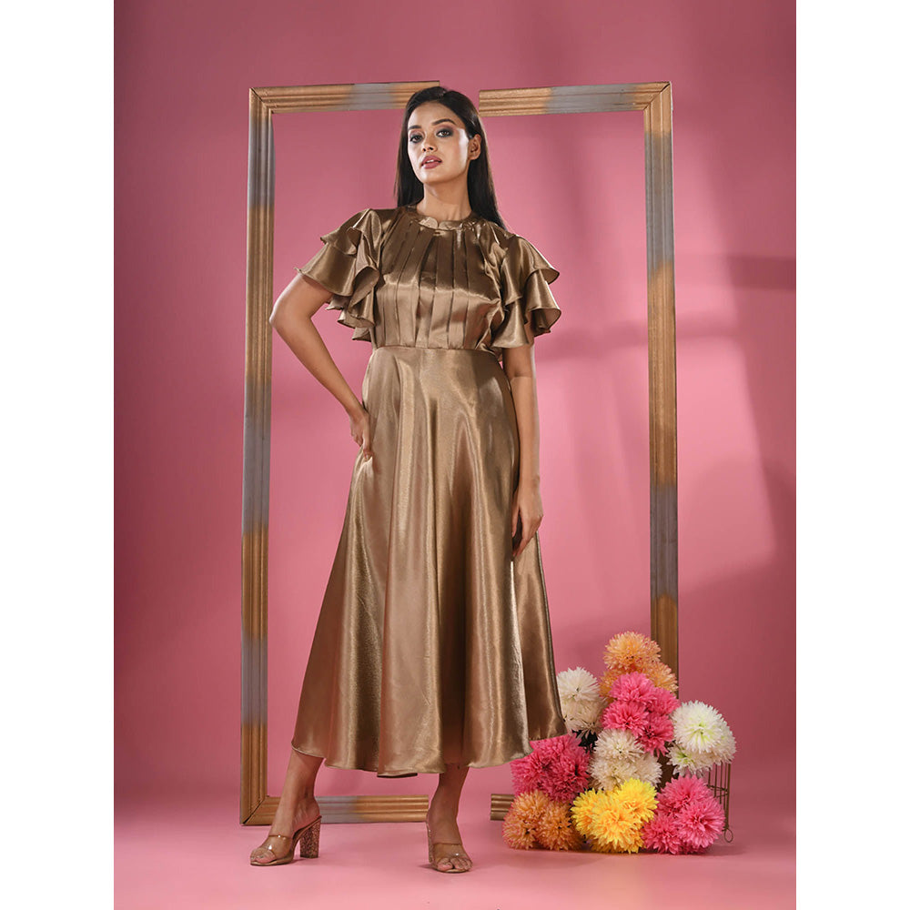 CHARUKRITI Dark Beige Satin Midi Dress with Ruffle Sleeves