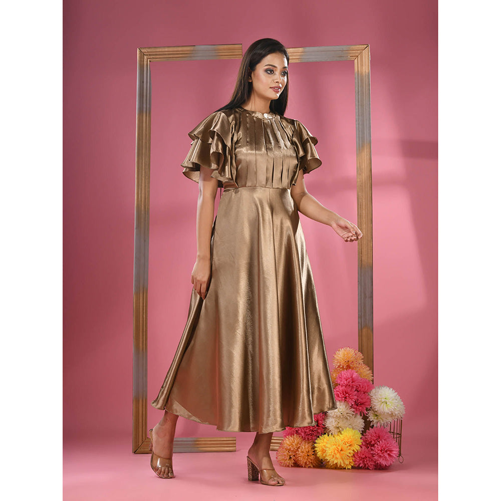 CHARUKRITI Dark Beige Satin Midi Dress with Ruffle Sleeves