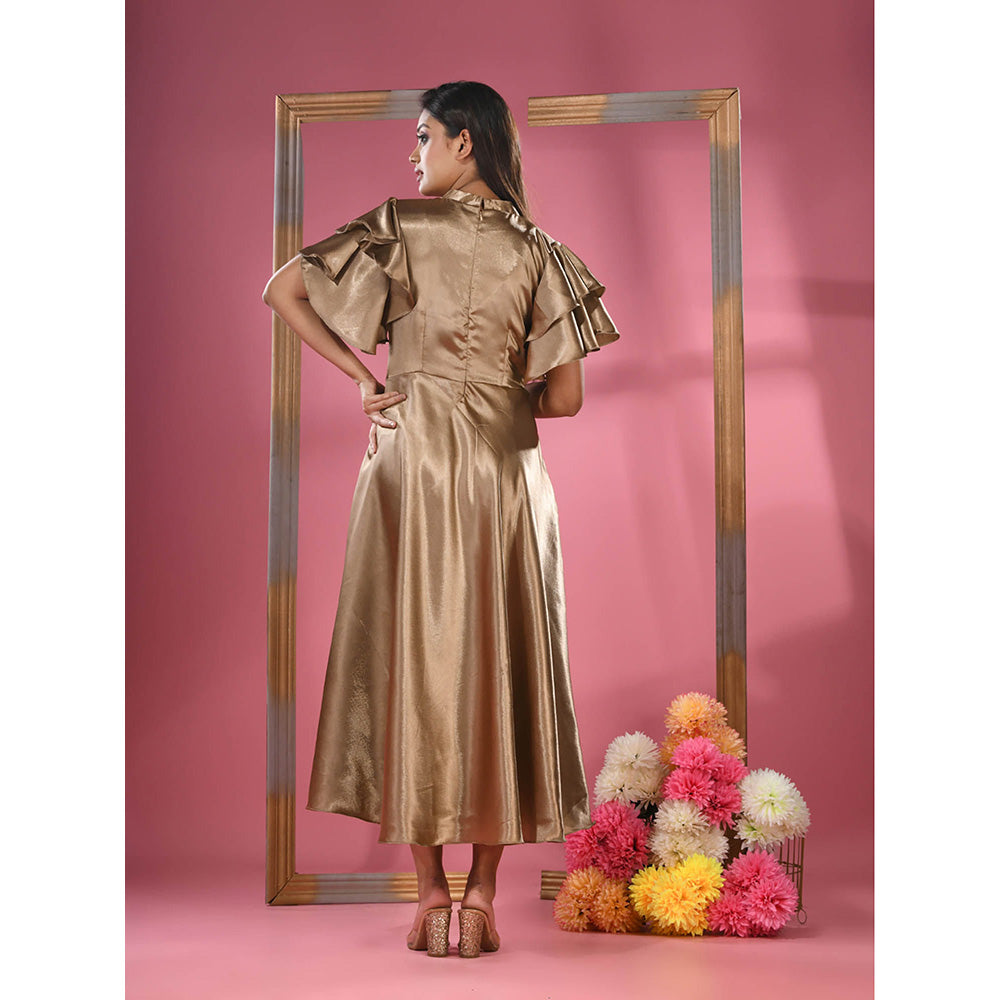 CHARUKRITI Dark Beige Satin Midi Dress with Ruffle Sleeves