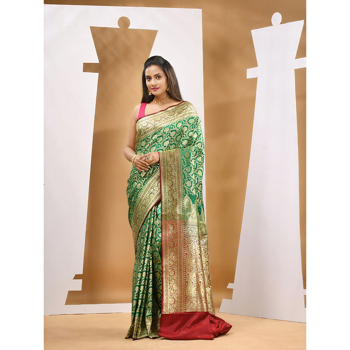 CHARUKRITI Green Silk Banarasi Zari Saree with Unstitched Blouse