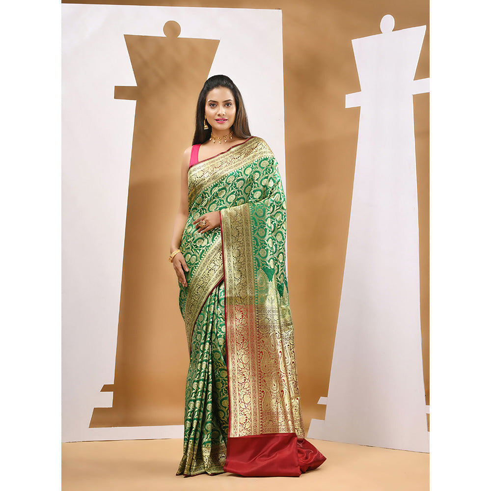 CHARUKRITI Green Silk Banarasi Zari Saree with Unstitched Blouse