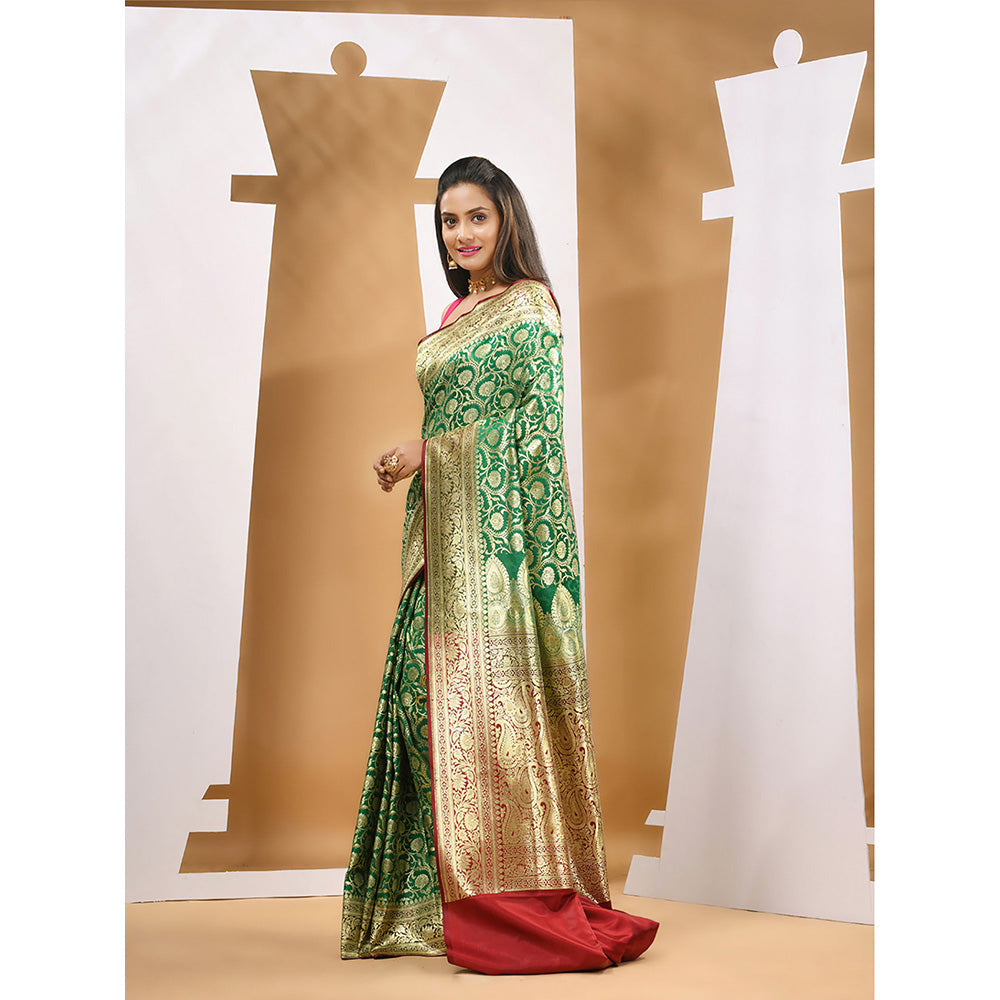 CHARUKRITI Green Silk Banarasi Zari Saree with Unstitched Blouse