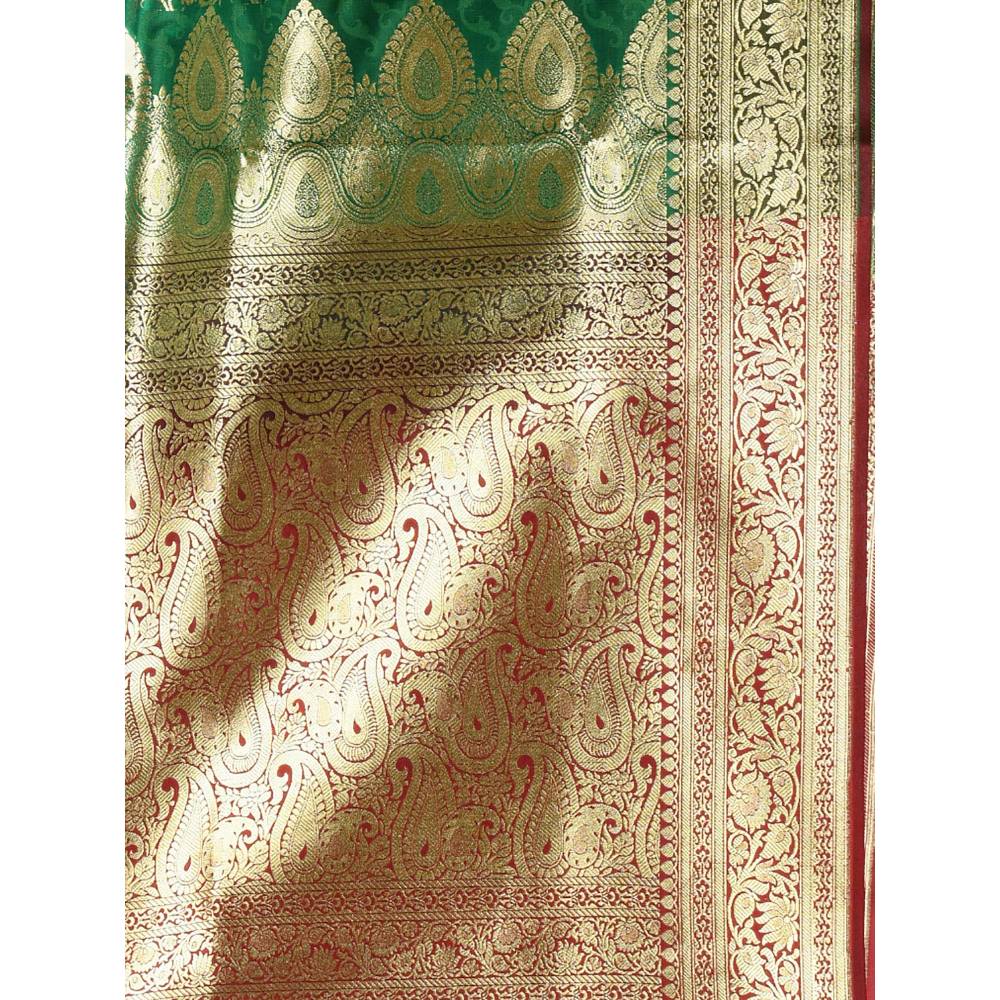 CHARUKRITI Green Silk Banarasi Zari Saree with Unstitched Blouse