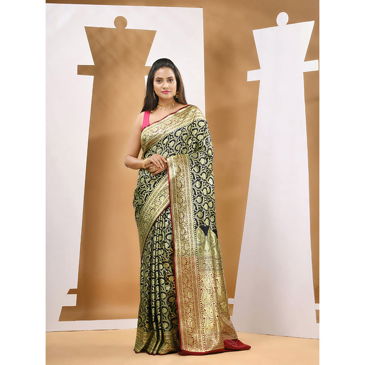 CHARUKRITI Black Silk Banarasi Zari Saree with Unstitched Blouse