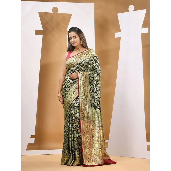 CHARUKRITI Black Silk Banarasi Zari Saree with Unstitched Blouse