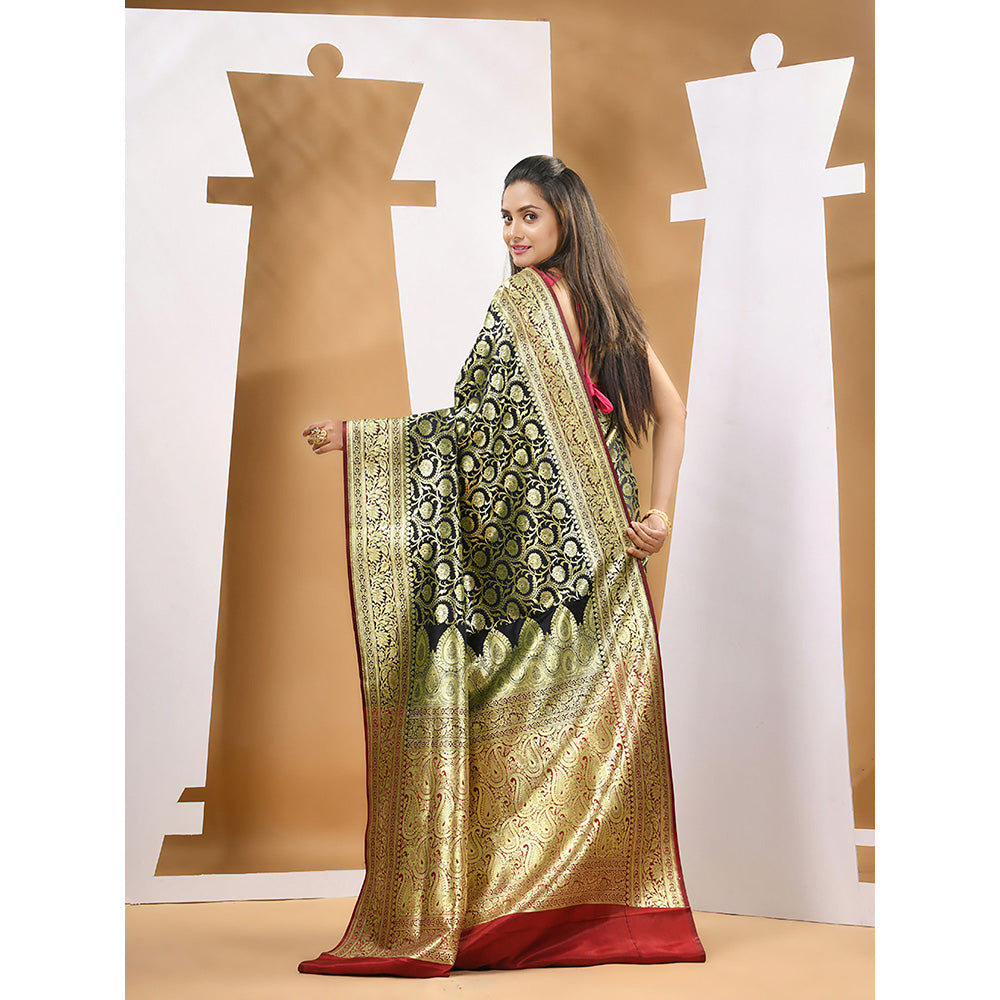 CHARUKRITI Black Silk Banarasi Zari Saree with Unstitched Blouse