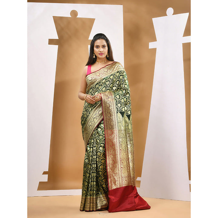 CHARUKRITI Dark Green Silk Banarasi Zari Saree with Unstitched Blouse