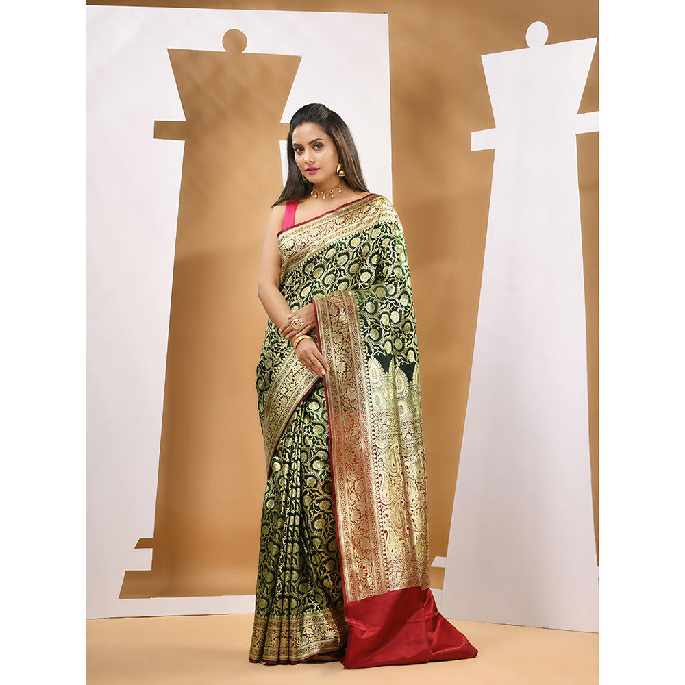 CHARUKRITI Dark Green Silk Banarasi Zari Saree with Unstitched Blouse