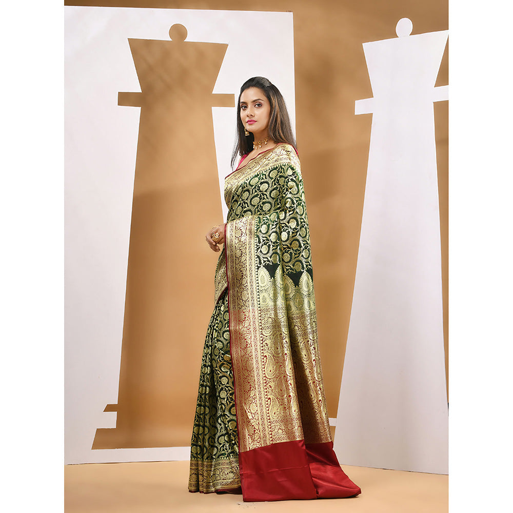 CHARUKRITI Dark Green Silk Banarasi Zari Saree with Unstitched Blouse