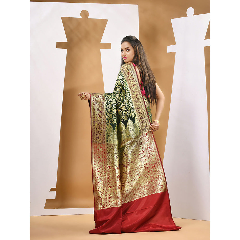 CHARUKRITI Dark Green Silk Banarasi Zari Saree with Unstitched Blouse