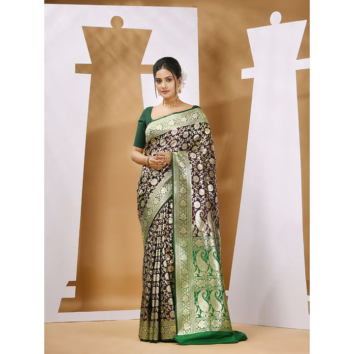 CHARUKRITI Dark Chocolate Silk Banarasi Zari Saree with Unstitched Blouse