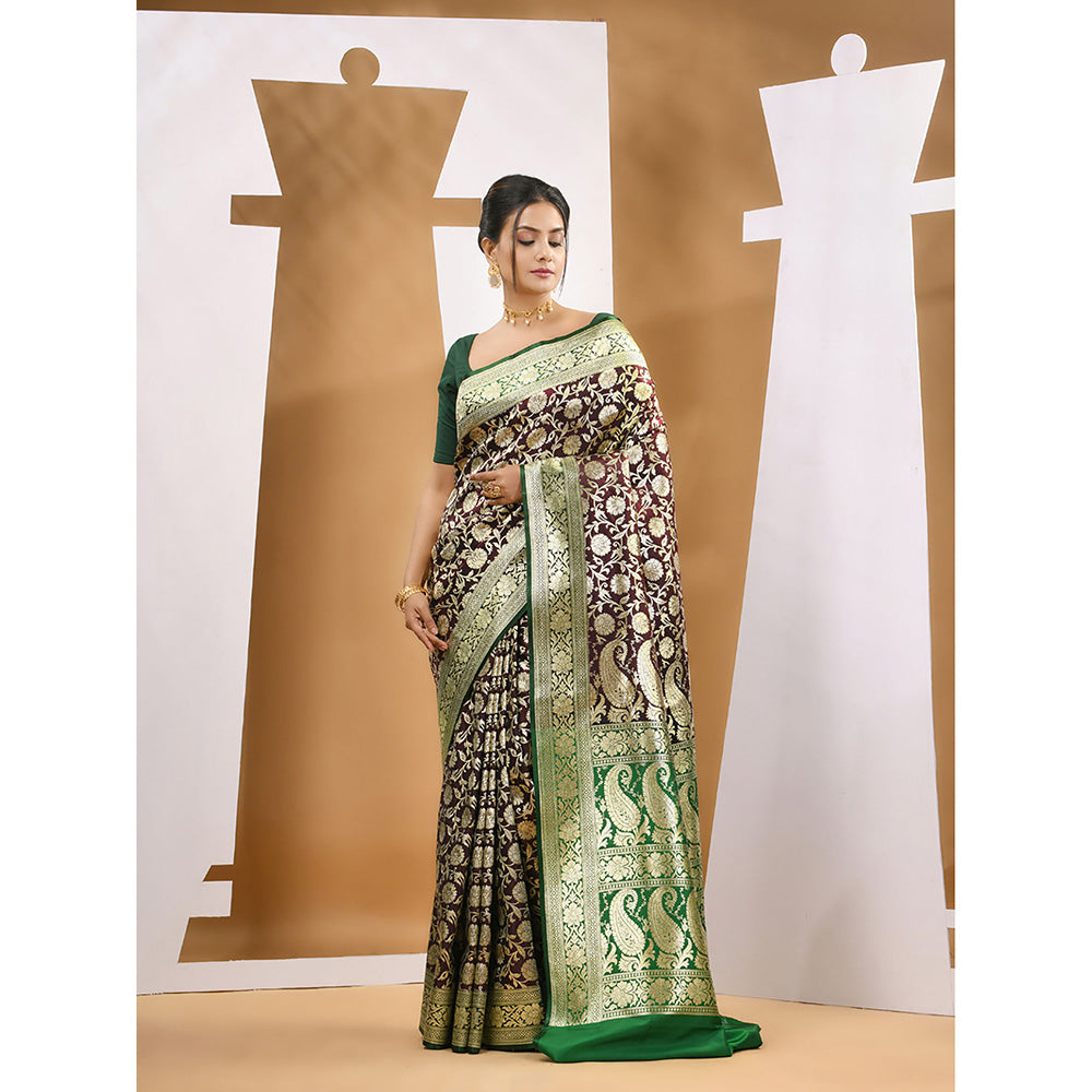 CHARUKRITI Dark Chocolate Silk Banarasi Zari Saree with Unstitched Blouse