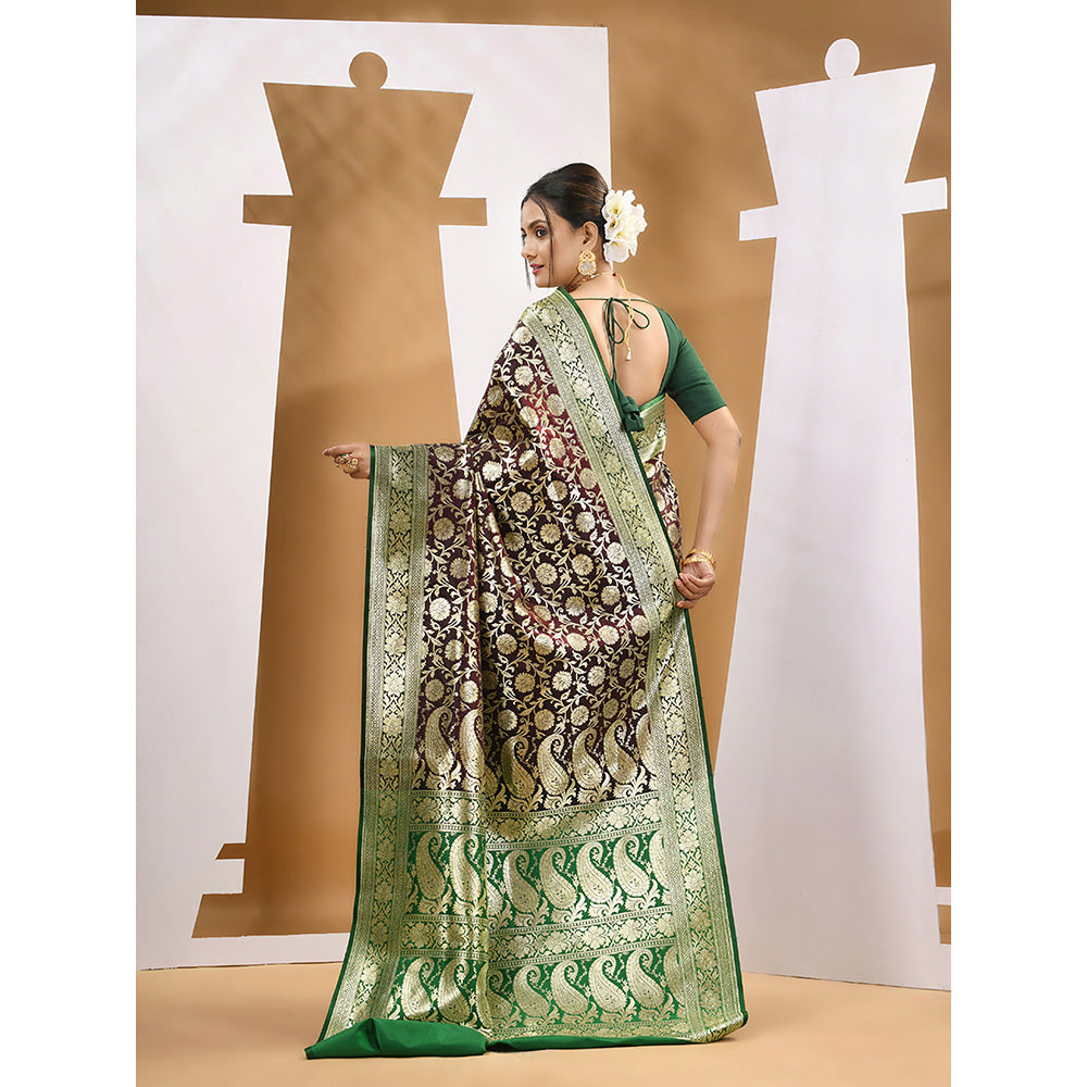 CHARUKRITI Dark Chocolate Silk Banarasi Zari Saree with Unstitched Blouse