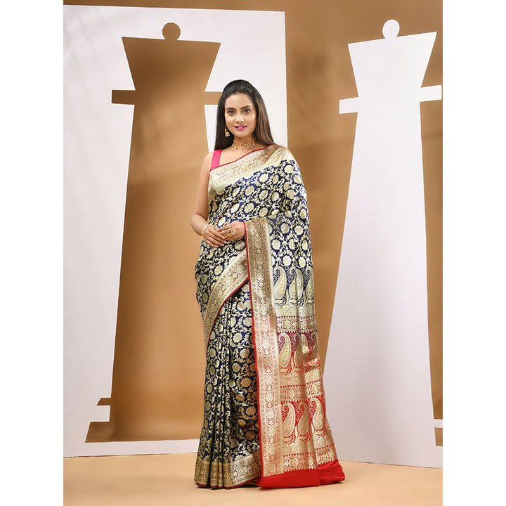 CHARUKRITI Blue Silk Banarasi Zari Saree with Unstitched Blouse