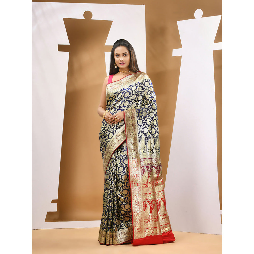 CHARUKRITI Blue Silk Banarasi Zari Saree with Unstitched Blouse