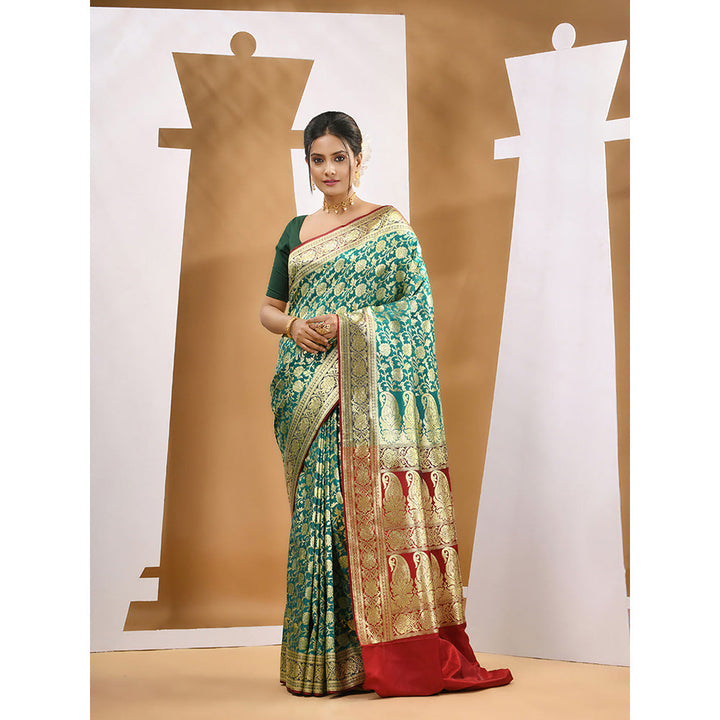 CHARUKRITI Teal Silk Banarasi Zari Saree with Unstitched Blouse