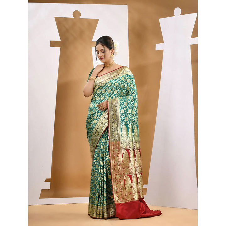 CHARUKRITI Teal Silk Banarasi Zari Saree with Unstitched Blouse