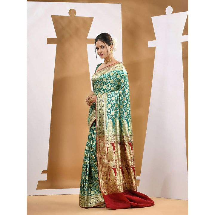 CHARUKRITI Teal Silk Banarasi Zari Saree with Unstitched Blouse