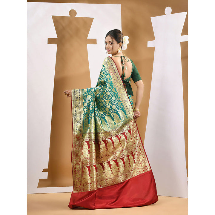 CHARUKRITI Teal Silk Banarasi Zari Saree with Unstitched Blouse