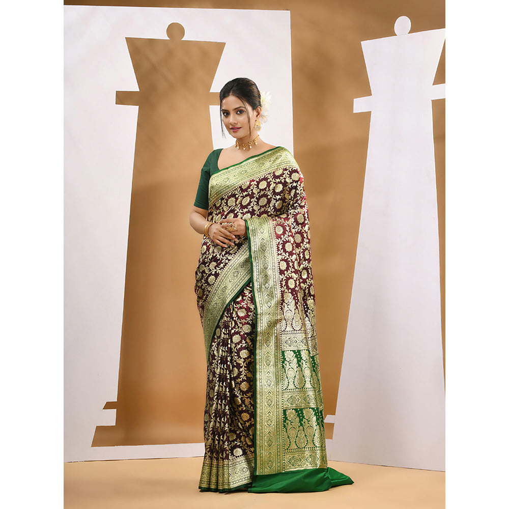 CHARUKRITI Wine Silk Banarasi Ethnic Motifs Saree with Unstitched Blouse