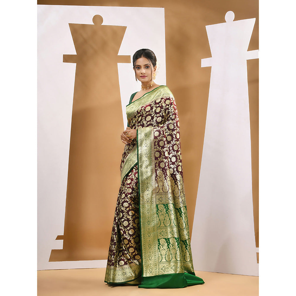 CHARUKRITI Wine Silk Banarasi Ethnic Motifs Saree with Unstitched Blouse