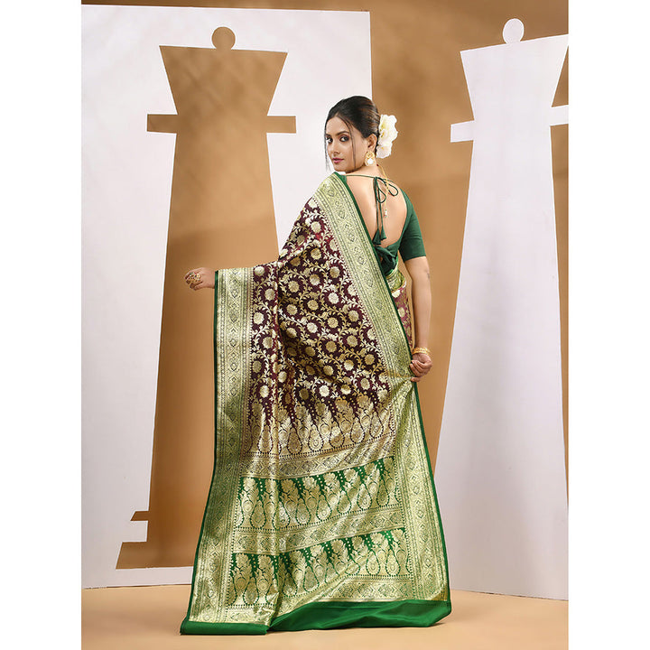 CHARUKRITI Wine Silk Banarasi Ethnic Motifs Saree with Unstitched Blouse