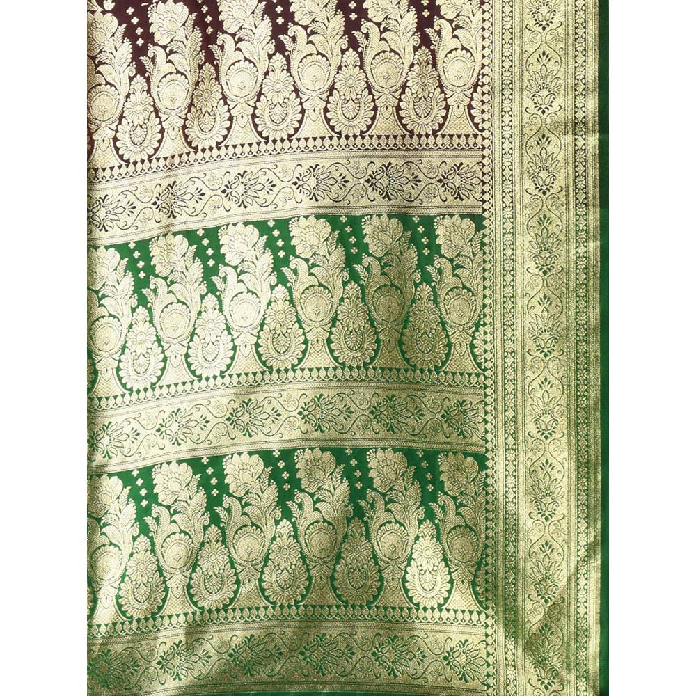 CHARUKRITI Wine Silk Banarasi Ethnic Motifs Saree with Unstitched Blouse