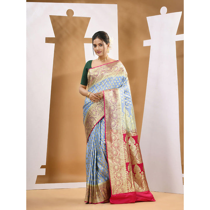 CHARUKRITI Baby Blue Katan Silk Banarasi Saree with Unstitched Blouse